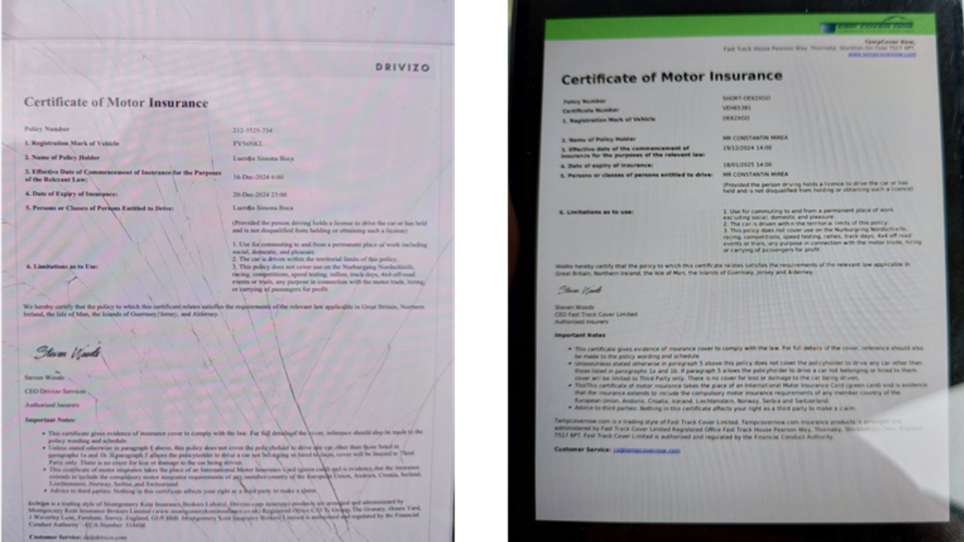 Two example ghost broking policies using legitimate insurer templates.