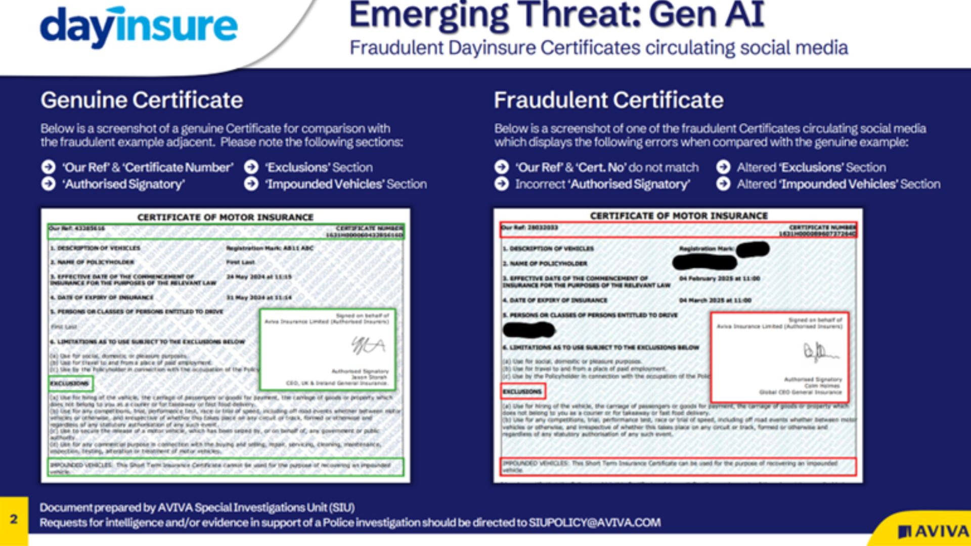 dayisure slide showing differences between genuine and fraudulent motor insurance certificates.