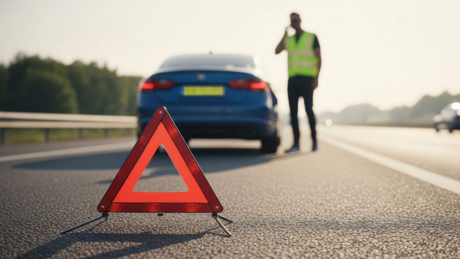 A person wearing a high visibilty vest at the road side standing next to their car while using their mobile phone and a hazard warning sign on the road for their safety.