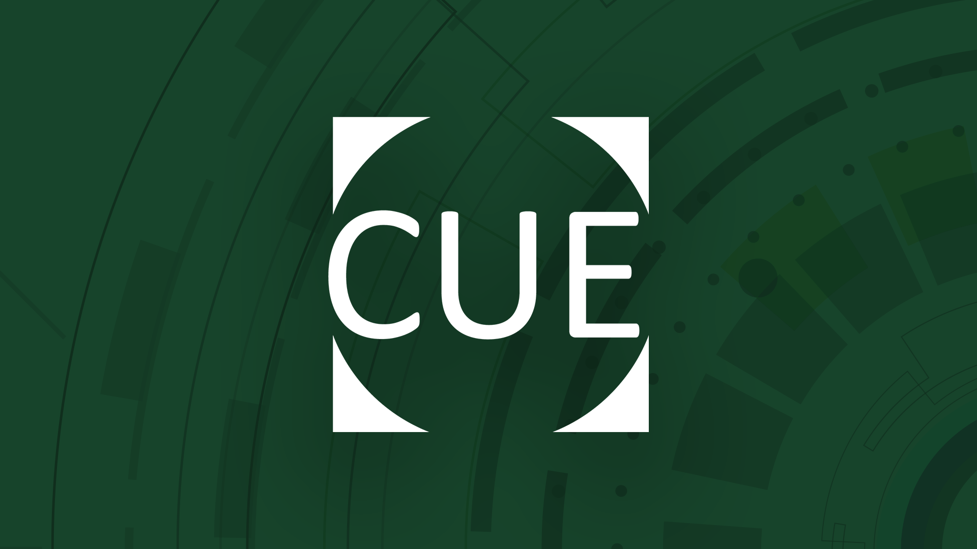 CUE logo on dark green background