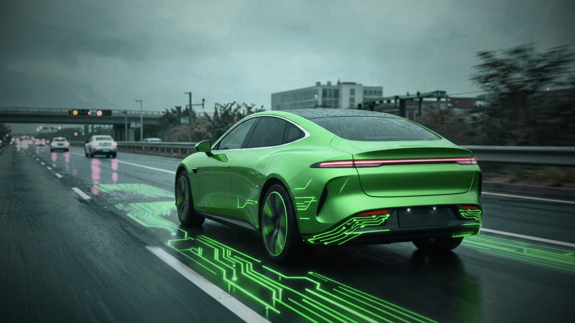 Car driving on a wet road with a digital overlay suggesting connected or autonomous technology.